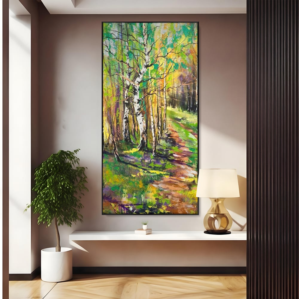 Tablou canvas cu tablou canvas cu padure si mesteacani, in rama de aluminiu negru